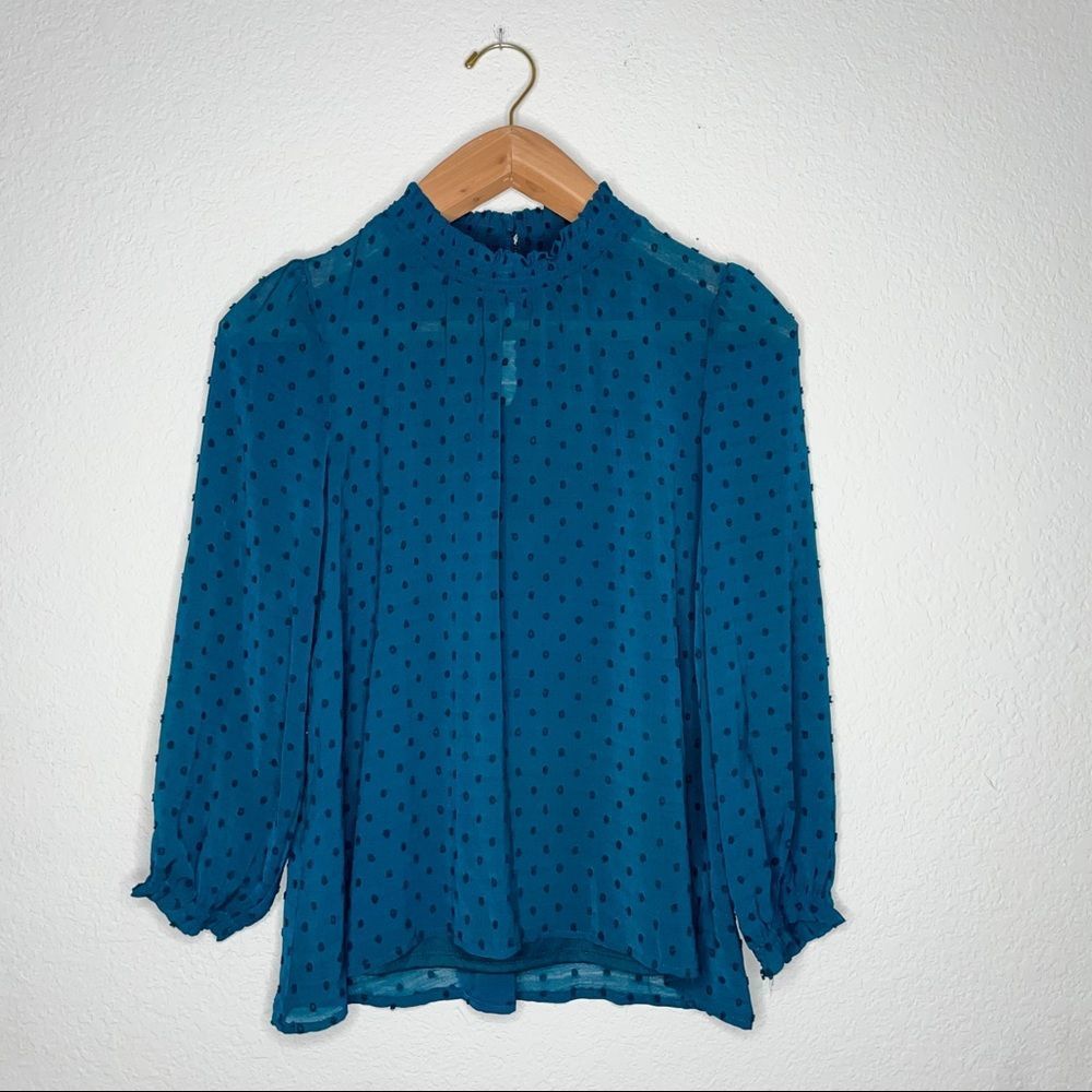 LUQ Women’s Mock Neck Teal Blouse Layered Long Sleeve Size Medium